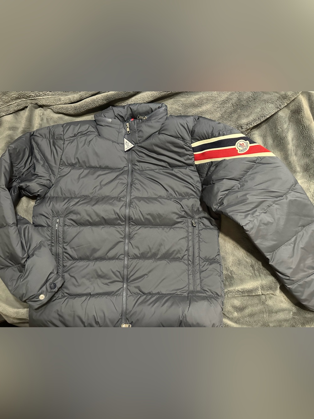 Moncler Navy Quilted Puffer Jacket with Red-White-Blue Sleeve Stripe